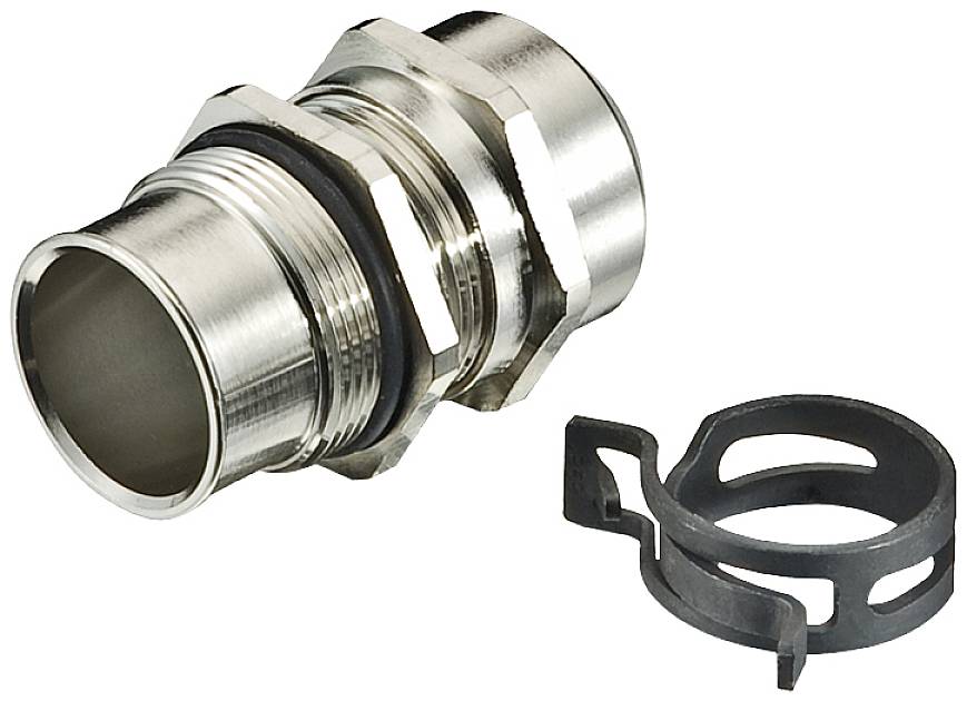 Metal cable gland with seal and plastic locking clip, used for securing and sealing cables.