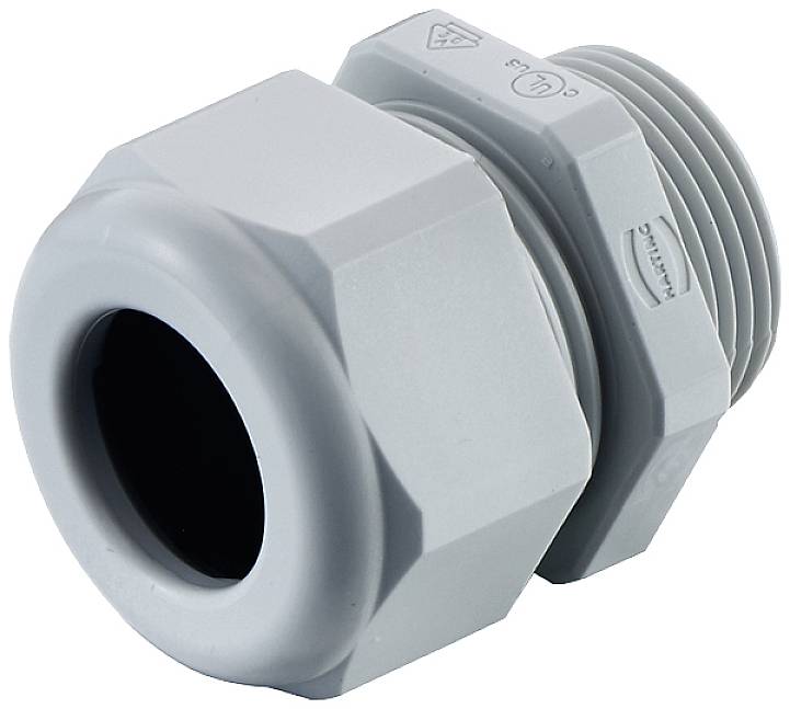 A grey plastic cable gland, tapered in shape, with external thread and seal, for secure cable attachment.