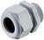 A grey plastic cable gland, tapered in shape, with external thread and seal, for secure cable attachment.