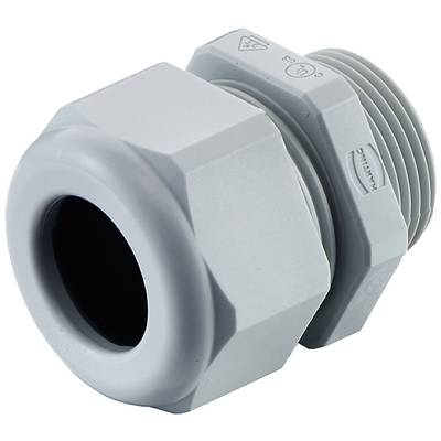 A grey plastic cable gland with thread and seal, suitable for use in electrical cable installations.