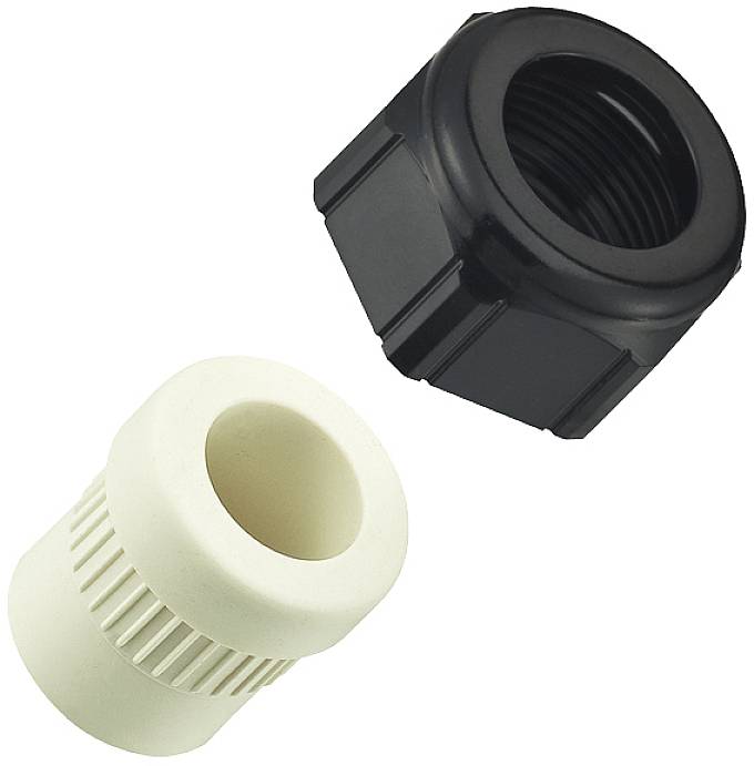Two plastic components: a white, cylindrical socket and a black, hexagonal union nut.