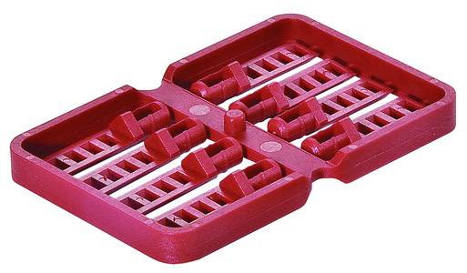 A red baking tin holder with multiple sections, designed to accommodate two baking tins side by side.
