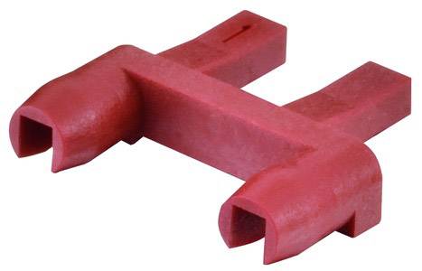 Red plastic component with two semi-circular ends and a bridge-like structure in the centre, potentially a connecting element.