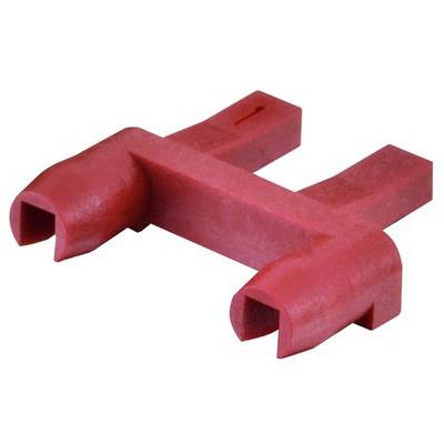 Red plastic component with two semi-circular ends and a bridge-like structure in the centre, potentially a connecting element.