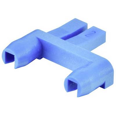 A blue, plastic-like H-shaped connector with two opposing openings.