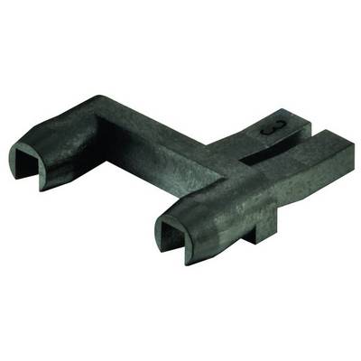 A black, metallic component with a T-shaped structure, rounded ends, and a marking in the rear area.