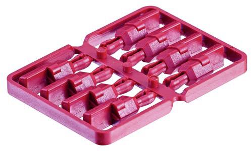 Red, trapezoidal plastic parts, assembled in a frame, possibly part of a kit or model-making accessory.