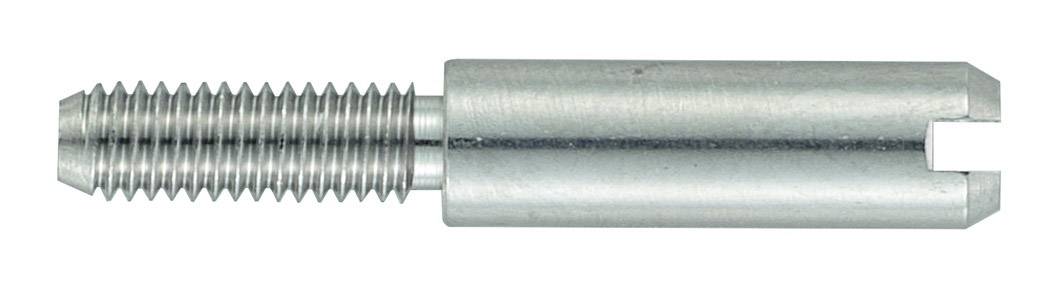 Metal screw with thread and smooth, slotted pointed tip.