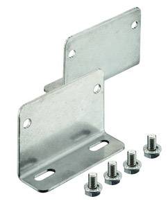 Two metal angles with holes, accompanied by five matching screws and nuts. Suitable for fixing purposes.