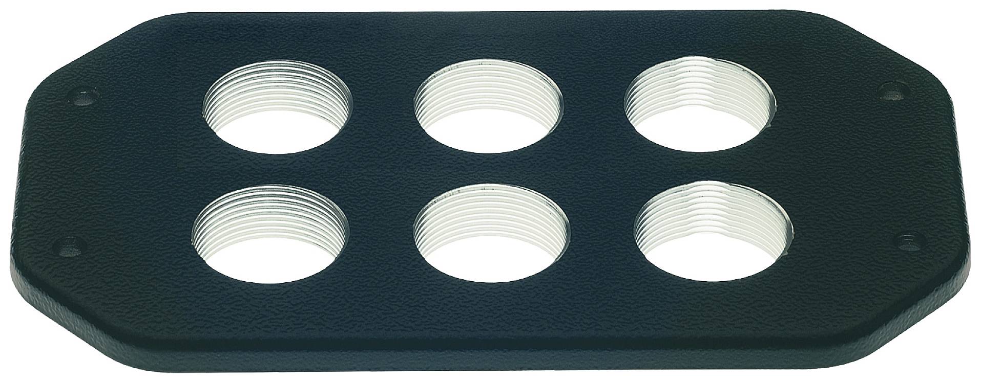 A black plastic plate with six round openings in two rows, suitable for cable or pipe passages.