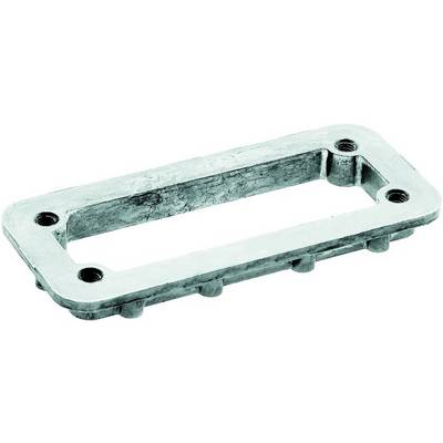 Rectangular metal plate with a central cut-out and four fixing holes in the corners, likely for mounting purposes.