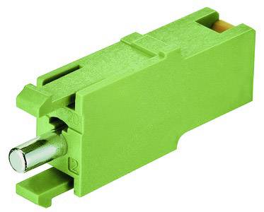 Green electrical connector with a rectangular housing and a protruding metallic pin, side view.