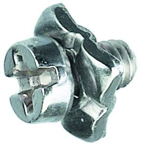 Metal screw with cross-head and hexagonal flange, viewed from above.