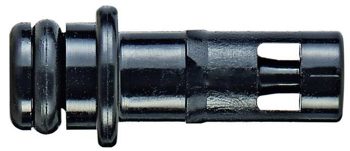 A black plastic wall plug with two rubber rings, used for securely fastening parts or as a sealing mechanism.