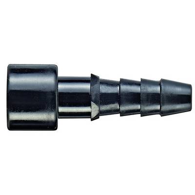 A black plastic hose connector with multiple stepped grooves that enables a secure connection between hoses.