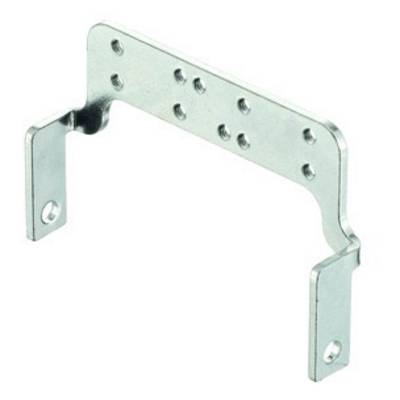Metal angle bracket with multiple screw holes and two mounting arms, suitable for furniture or construction applications.