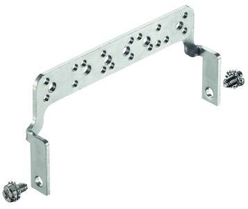 Metal mounting angle with hole pattern, accompanied by three fixing screws.