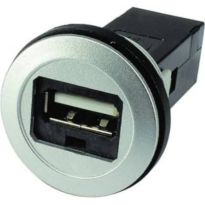 Simple USB port, round, integrated in a metal casing, used for power supply or data transfer in devices.