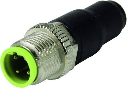 'An M12 connector with a metal thread and green plastic head. It has three pin contacts and is suitable for industrial applications.'