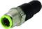 'An M12 connector with a metal thread and green plastic head. It has three pin contacts and is suitable for industrial applications.'