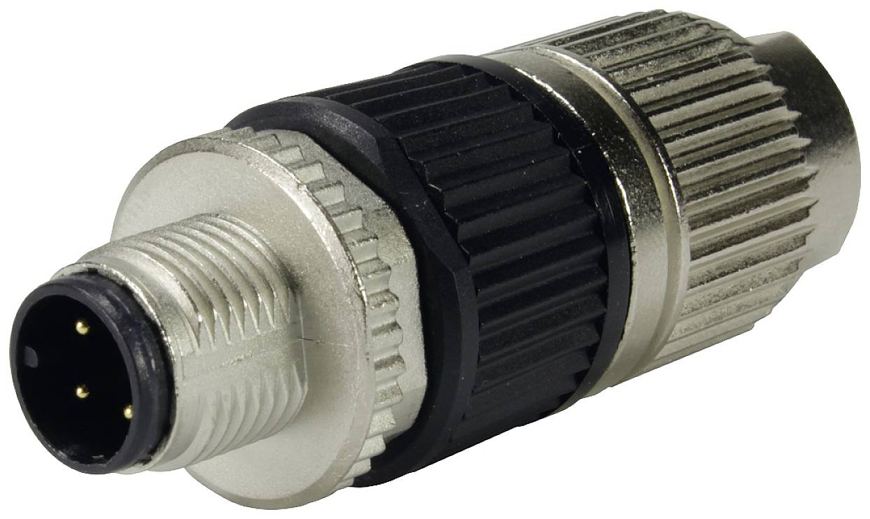 A four-pin metal plug, typically used for electrical connections, is resting on a light-coloured surface.