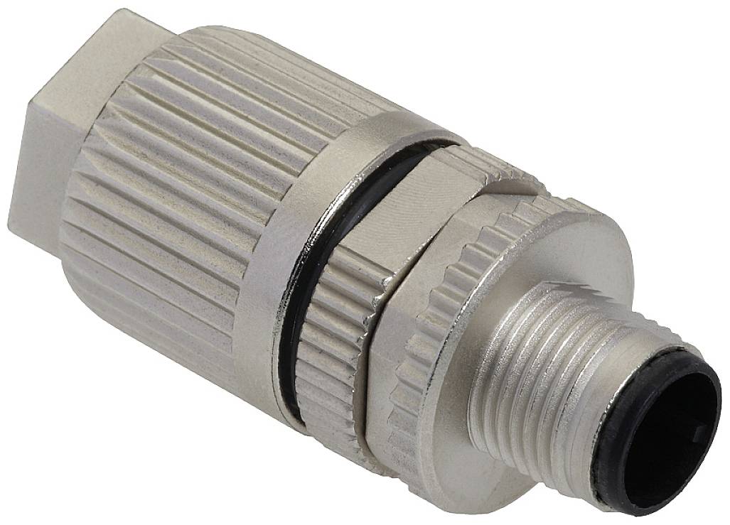 Metal plug connectors with a ridged surface and round threading, likely intended for electrical or electronic connections.