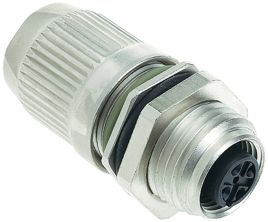 A metal connector with a ribbed housing and circular connecting piece is shown in close-up.