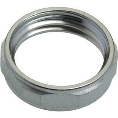 A silver metal ring with threading, potentially part of a pipe or connection, on a white background.