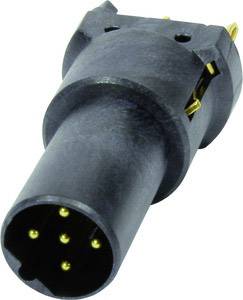 A black electrical plug with five golden pins is seen from an angle above.