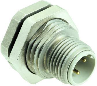 Circular metal connector with multiple contact pins, suitable for electronic connections.