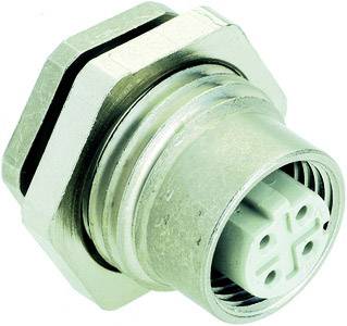 A angled, six-pole circular connector with a metal thread and plastic inner core. It is used for electronic connections.