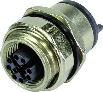 A round metal plug with several black contact pins arranged in a spiral configuration, used for electronic connections.