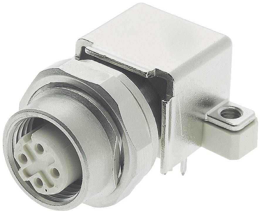 A silver electrical plug with multiple pins on a white background, commonly used in industrial applications.