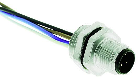 A metal plug with four coloured cables: brown, blue, green and yellow. The plug has a knurled casing.