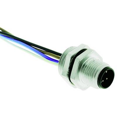 A metal plug with four coloured cables: brown, blue, green and yellow. The plug has a knurled casing.