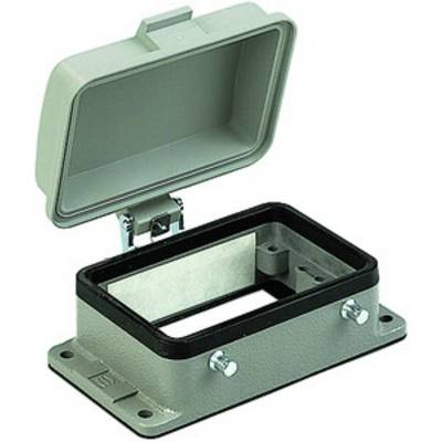 Opened rectangular metal enclosure with hinged lid, showing interior and four mounting screws.