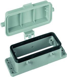 Metal enclosure lid, rectangular shape, open. Upper and lower parts visible, including sealing ring and screw holes.