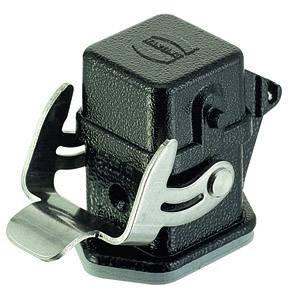 A black industrial plug with metal clips on one side.