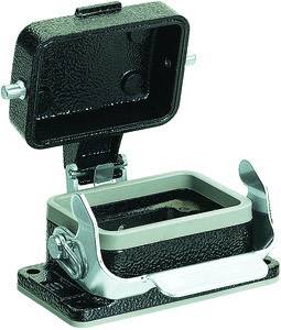 A rectangular metal enclosure with a hinged lid. It is designed for industrial electrical connections.