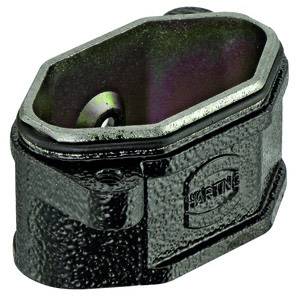 Black metal hook with a rectangular base and an oval, slightly curved inner space.