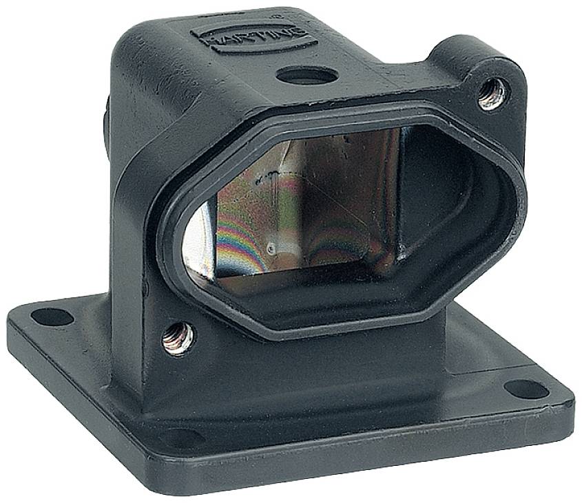 A black mounting bracket made of robust material with a rectangular base and an opening at the top. It has two screw holes for fastening.