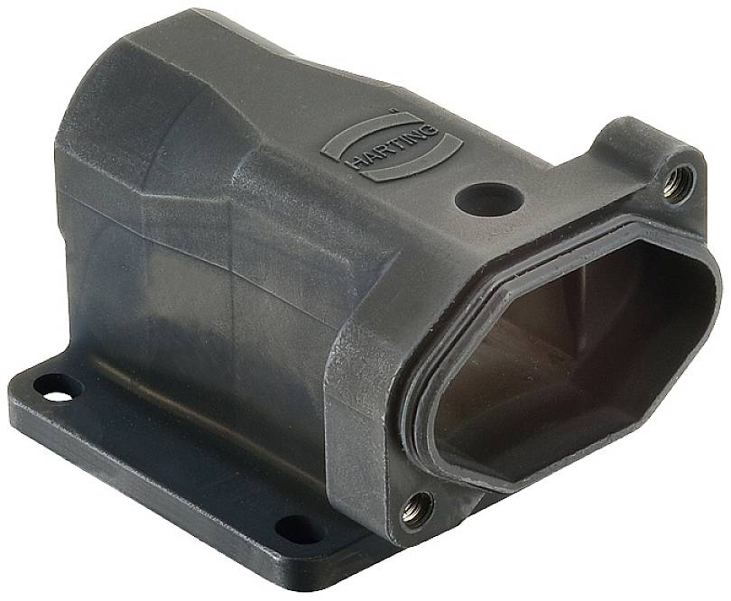 Black plastic housing with rectangular opening and side mounting holes. Marked with the 'HARTING' logo.