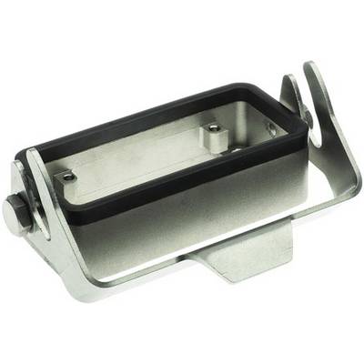 Metal mounting bracket with rectangular, black plastic insert, side-mounted. Used for secure device mounting.