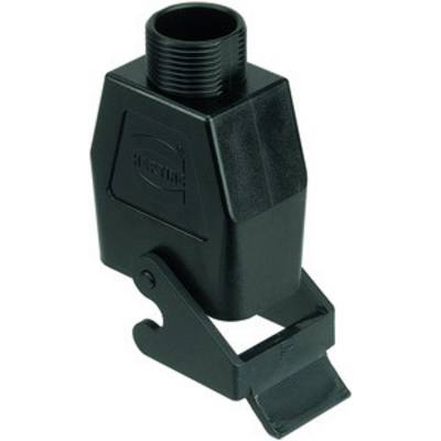 A black plastic threaded connector with a clip, presumably an adapter or coupling piece, for use in technical applications.