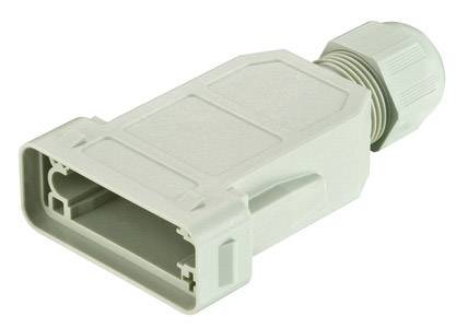 A white plastic plug housing adapter in a rectangular shape with a captive nut and cable gland.