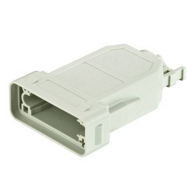 A rectangular, grey electrical connector with a structured housing. The connector is designed for electrical connections.
