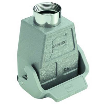 Rectangular, grey, industrial metal connector housing with side levers for securing.