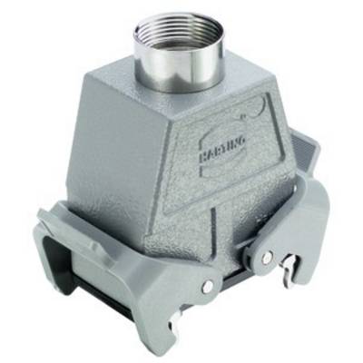 A grey industrial metal enclosure with a cylindrical opening at the top and side mounting brackets, suitable for electrical connectors.