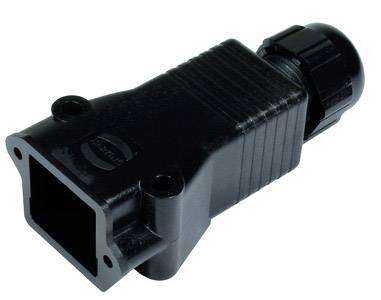 A black electrical connector with cable gland for industrial applications, lies on a white background.