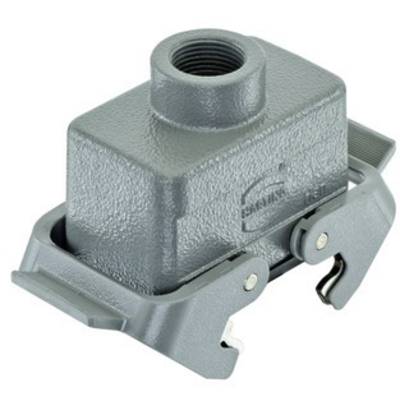Industrial connector: grey metal housing with side latches and screw sleeve on top, for electrical connections.